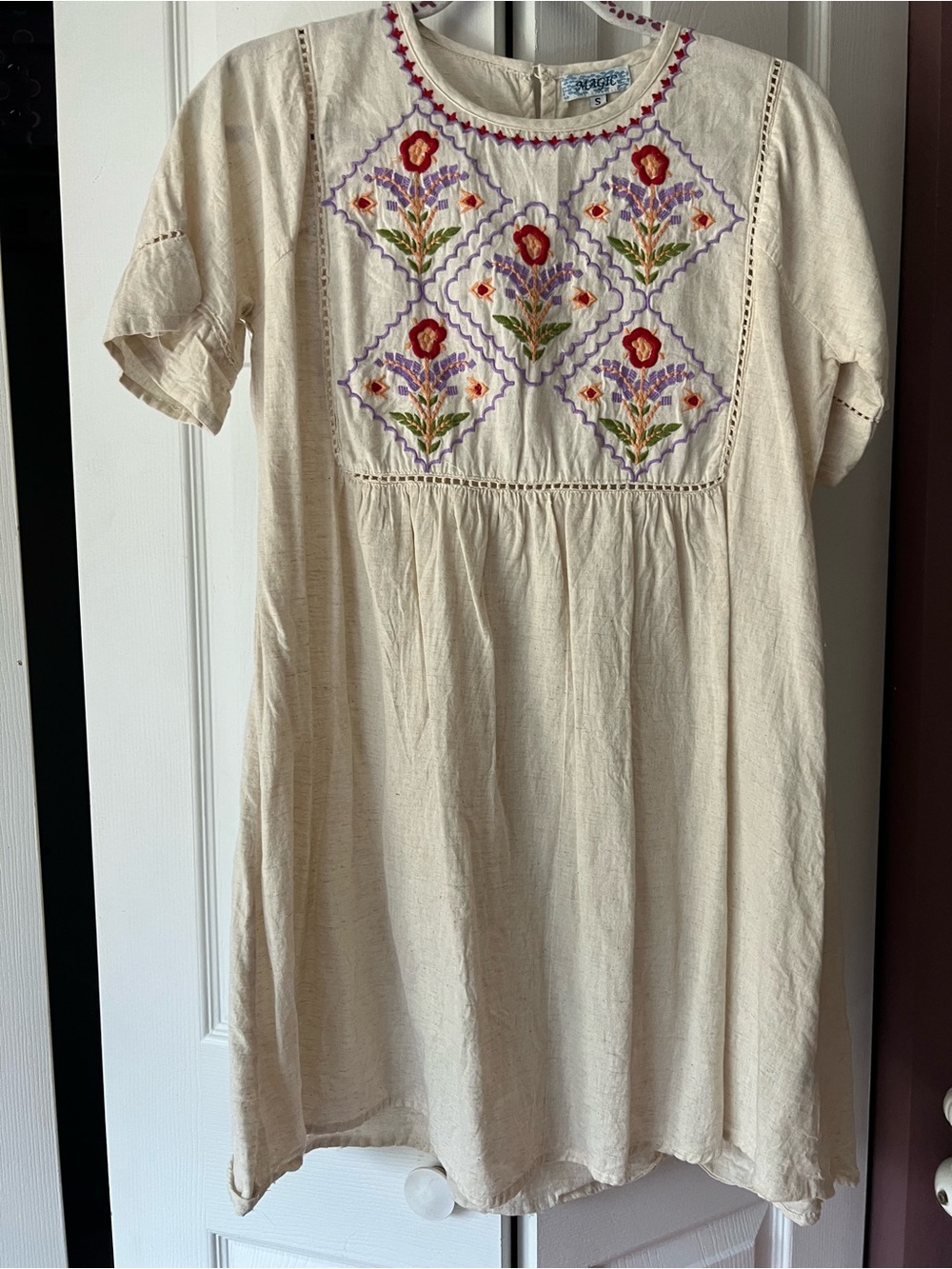Magic Cream Mini Dress with Red & Purple Floral Embroidery